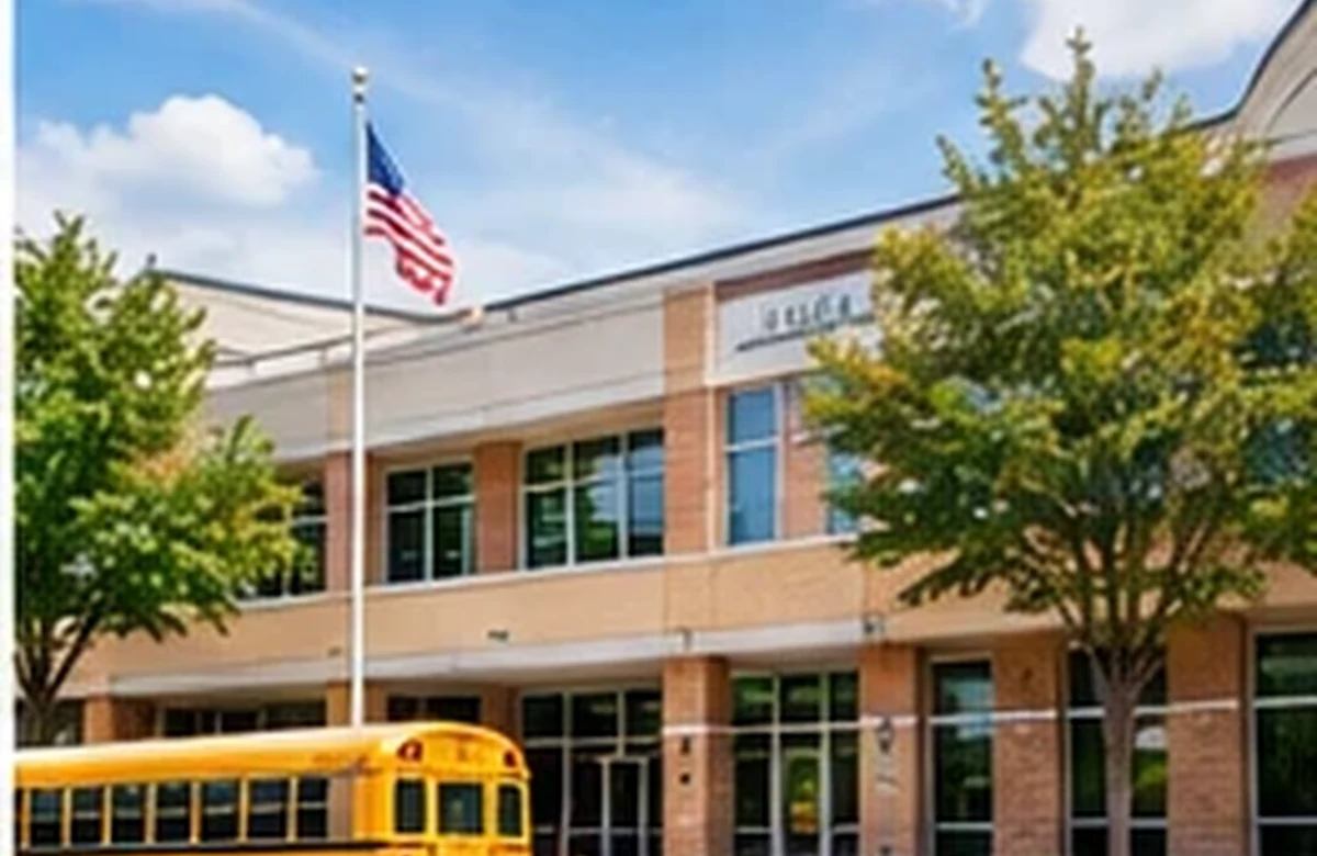School district building with yellow bus outside