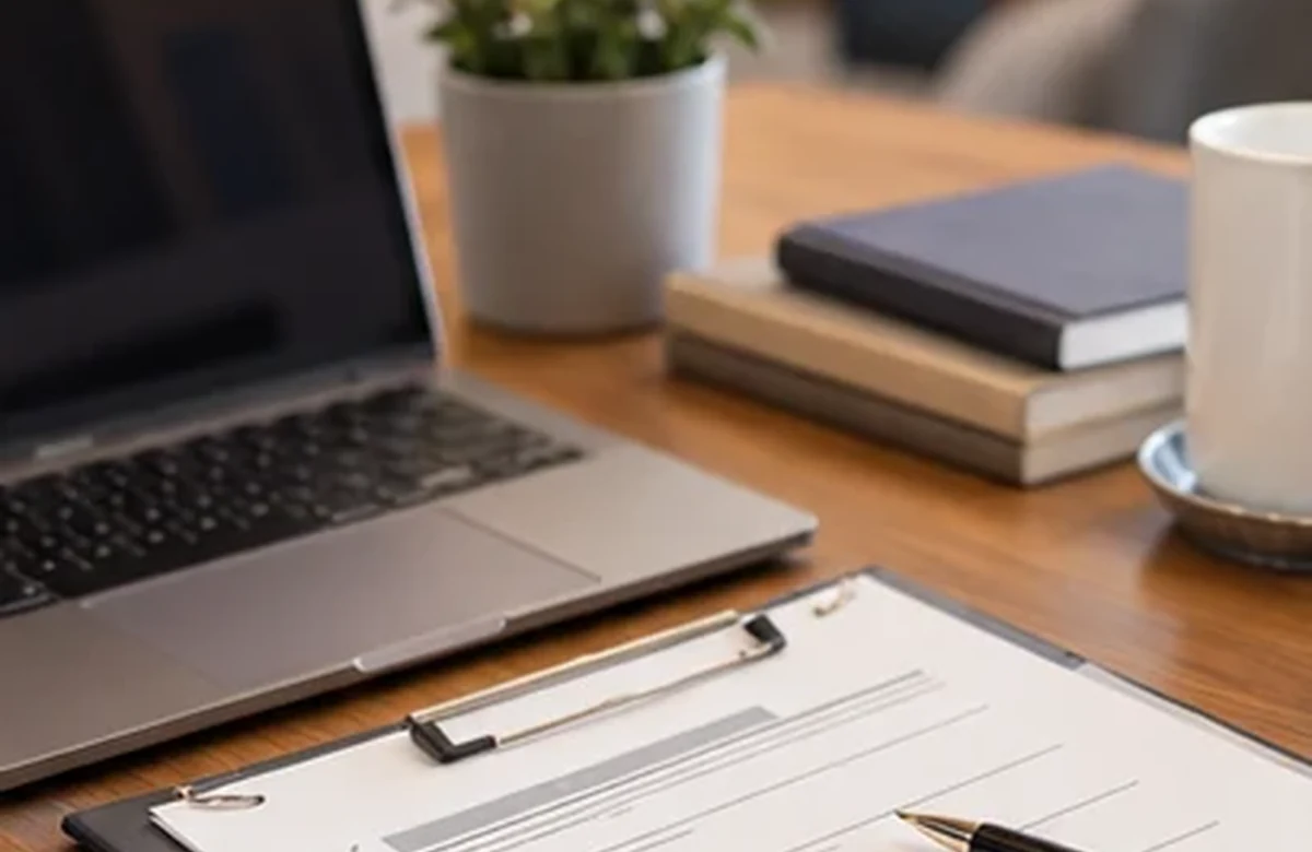 Professional desk with paper forms and laptop